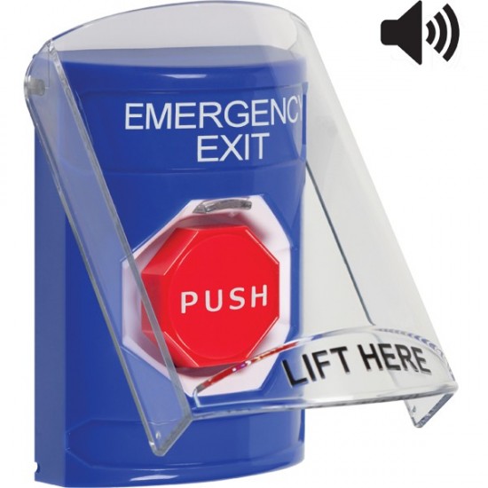 SS24A2EX-EN STI Blue Indoor Flush/Surface w/ Horn Key-to-Reset Stopper Station w/ EMERGENCY EXIT Label