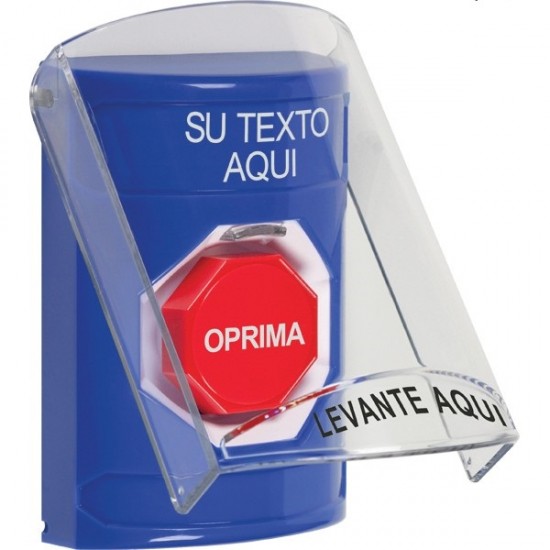 SS24A2ZA-ES STI Blue Indoor Flush/Surface w/ Horn Key-to-Reset Stopper Station w/ Custom Text Spanish