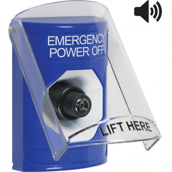 SS24A3PO-EN STI Blue Indoor Flush/Surface w/ Horn Key-to-Activate Stopper Station w/ EMERGENCY POWER OFF Label