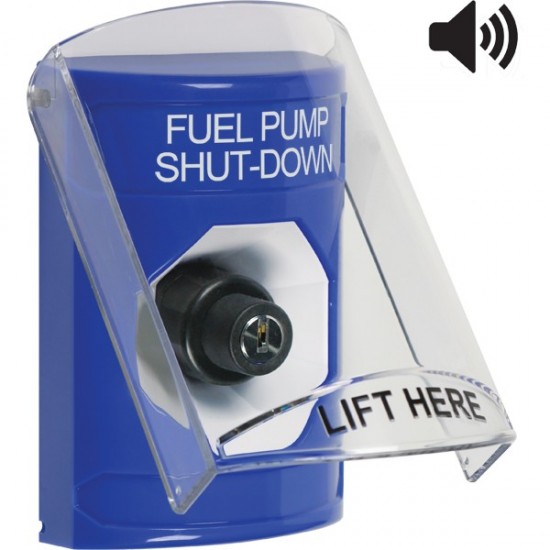 SS24A3PS-EN STI Blue Indoor Flush/Surface w/ Horn Key-to-Activate Stopper Station w/ FUEL PUMP SHUT DOWN Label
