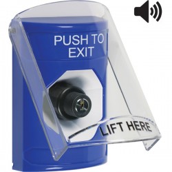 SS24A3PX-EN STI Blue Indoor Only Flush or Surface w/ Horn Key-to-Activate Stopper Station with PUSH TO EXIT Label English