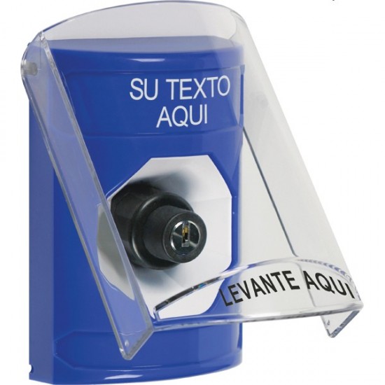 SS24A3ZA-ES STI Blue Indoor Flush/Surface w/ Horn Key-to-Activate Stopper Station w/ Custom Text Spanish