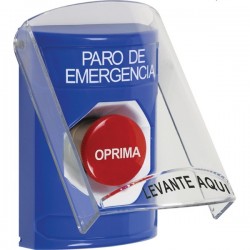 SS24A4ES-ES STI Blue Indoor Only Flush or Surface w/ Horn Momentary Stopper Station with EMERGENCY STOP Label Spanish