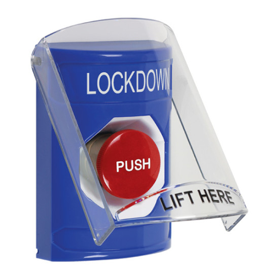 SS24A4LD-EN STI Blue Indoor Only Flush or Surface w/ Horn Momentary Stopper Station with LOCKDOWN Label English