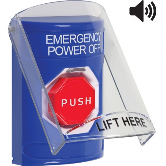 SS24A5PO-EN STI Blue Indoor Flush/Surface w/ Horn Momentary Stopper Station w/ EMERGENCY POWER OFF Label