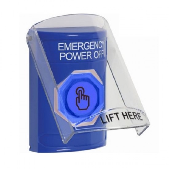 SS24A7PO-EN STI Blue Indoor Flush/Surface w/ Horn Weather Resistant Momentary Stopper Station w/ EMERGENCY POWER OFF Label