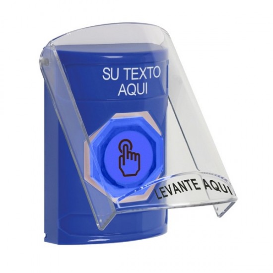 SS24A7ZA-ES STI Blue Indoor Flush/Surface w/ Horn Weather Resistant Momentary Stopper Station w/ Custom Text Spanish