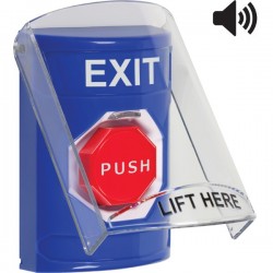 SS24A8XT-EN STI Blue Indoor Only Flush or Surface w/ Horn Pneumatic (Illuminated) Stopper Station with EXIT Label English