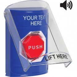 SS24A8ZA-EN STI Blue Indoor Flush/Surface w/ Horn Pneumatic (Illuminated) Stopper Station w/ Custom Text Label
