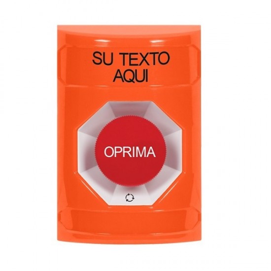 SS2501ZA-ES STI Orange No Cover Turn-to-Reset Stopper Station with Non-Returnable Custom Text Label Spanish