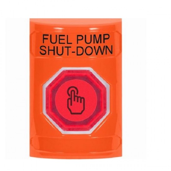 SS2506PS-EN STI Orange No Cover Momentary (Illuminated) with Orange Lens Stopper Station with FUEL PUMP SHUT DOWN Label English