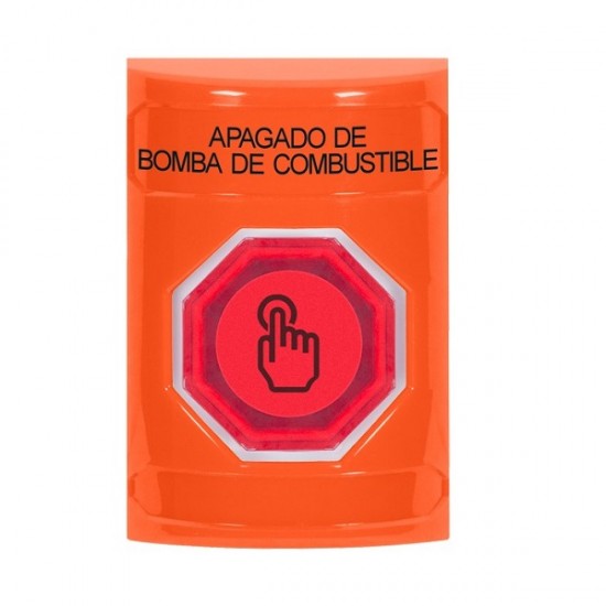 SS2506PS-ES STI Orange No Cover Momentary (Illuminated) with Red Lens Stopper Station with FUEL PUMP SHUT DOWN Label Spanish
