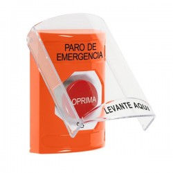 SS2521ES-ES STI Orange Indoor Only Flush or Surface Turn-to-Reset Stopper Station with EMERGENCY STOP Label Spanish