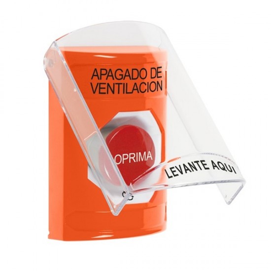 SS2521HV-ES STI Orange Indoor Only Flush or Surface Turn-to-Reset Stopper Station with HVAC SHUT DOWN Label Spanish