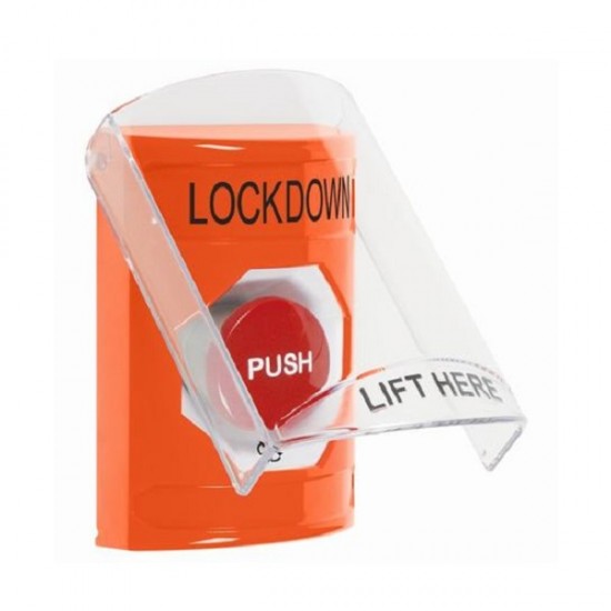 SS2521LD-EN STI Orange Indoor Only Flush or Surface Turn-to-Reset Stopper Station with LOCKDOWN Label English