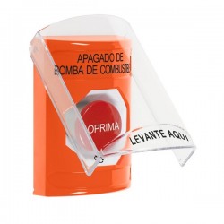 SS2521PS-ES STI Orange Indoor Only Flush or Surface Turn-to-Reset Stopper Station with FUEL PUMP SHUT DOWN Label Spanish