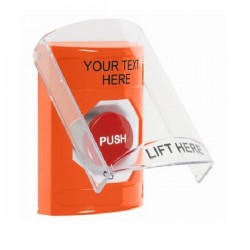 SS2521ZA-EN STI Orange Indoor Only Flush or Surface Turn-to-Reset Stopper Station with Non-Returnable Custom Text Label English