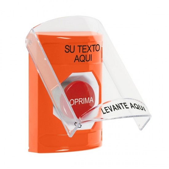 SS2521ZA-ES STI Orange Indoor Only Flush or Surface Turn-to-Reset Stopper Station with Non-Returnable Custom Text Label Spanish
