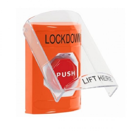 SS2522LD-EN STI Orange Indoor Only Flush or Surface Key-to-Reset (Illuminated) Stopper Station with LOCKDOWN Label English