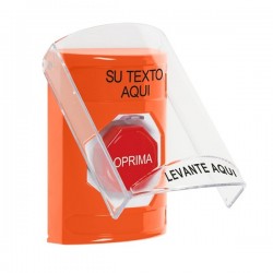 SS2522ZA-ES STI Orange Indoor Flush/Surface Key-to-Reset Stopper Station w/ Custom Text Spanish
