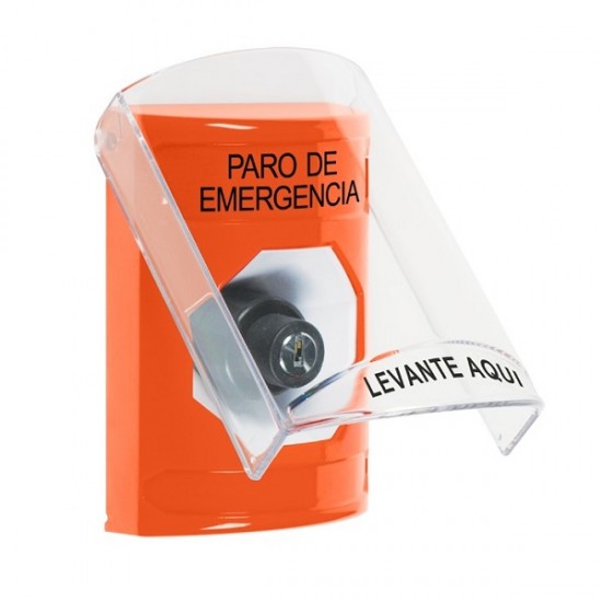 SS2523ES-ES STI Orange Indoor Only Flush or Surface Key-to-Activate Stopper Station with EMERGENCY STOP Label Spanish