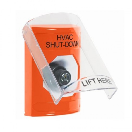 SS2523HV-EN STI Orange Indoor Only Flush or Surface Key-to-Activate Stopper Station with HVAC SHUT DOWN Label English