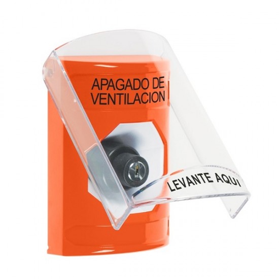 SS2523HV-ES STI Orange Indoor Only Flush or Surface Key-to-Activate Stopper Station with HVAC SHUT DOWN Label Spanish
