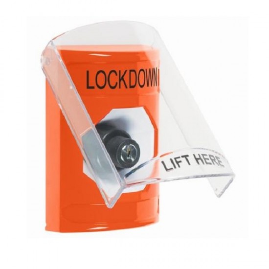 SS2523LD-EN STI Orange Indoor Only Flush or Surface Key-to-Activate Stopper Station with LOCKDOWN Label English