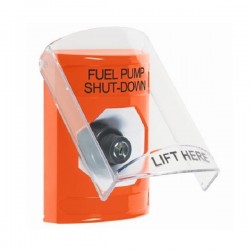 SS2523PS-EN STI Orange Indoor Only Flush or Surface Key-to-Activate Stopper Station with FUEL PUMP SHUT DOWN Label English