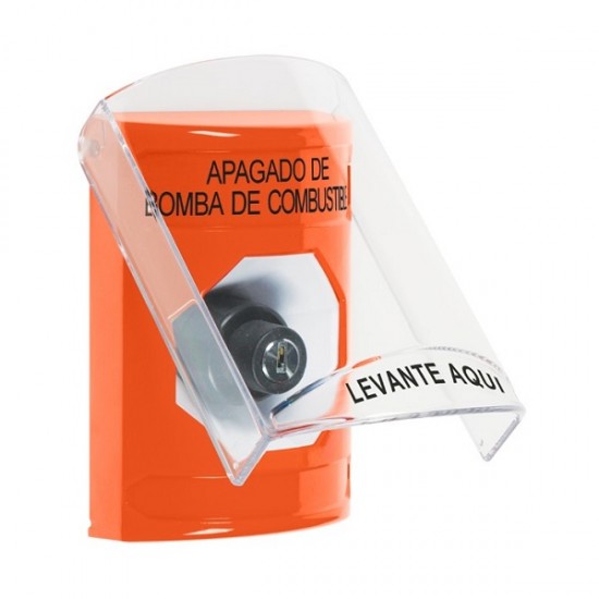 SS2523PS-ES STI Orange Indoor Only Flush or Surface Key-to-Activate Stopper Station with FUEL PUMP SHUT DOWN Label Spanish