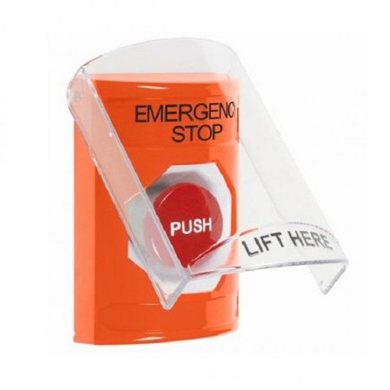SS2524ES-EN STI Orange Indoor Only Flush or Surface Momentary Stopper Station with EMERGENCY STOP Label English