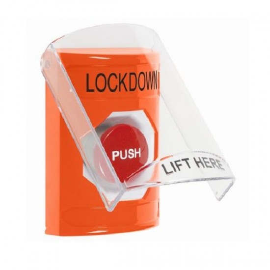 SS2524LD-EN STI Orange Indoor Only Flush or Surface Momentary Stopper Station with LOCKDOWN Label English
