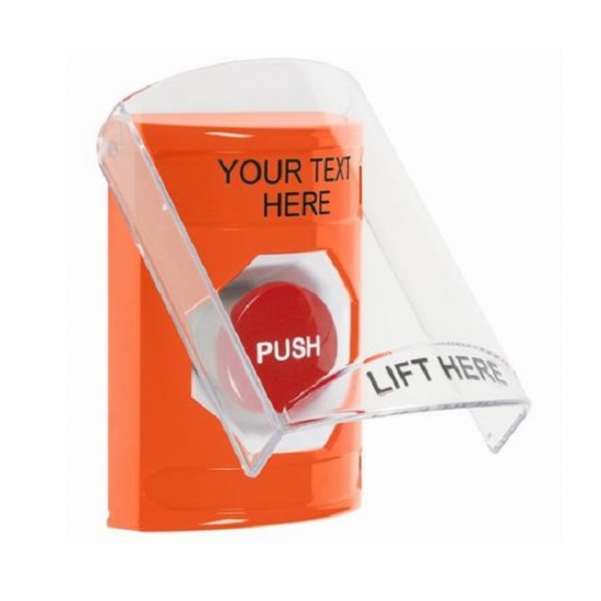 SS2524ZA-EN STI Orange Indoor Only Flush or Surface Momentary Stopper Station with Non-Returnable Custom Text Label English