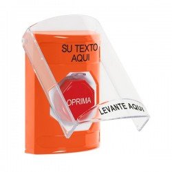 SS2525ZA-ES STI Orange Indoor Flush/Surface Momentary (Illuminated) Stopper Station w/ Custom Text Spanish
