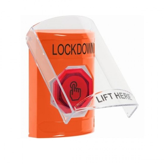 SS2526LD-EN STI Orange Indoor Flush/Surface Momentary (Illuminated) Stopper Station w/ LOCKDOWN Label