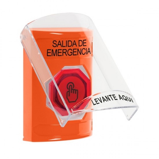 SS2527EX-ES STI Orange Indoor Flush/Surface Weather Resistant Momentary Stopper Station w/ EMERGENCY EXIT Spanish