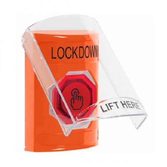 SS2527LD-EN STI Orange Indoor Flush/Surface Weather Resistant Momentary Stopper Station w/ LOCKDOWN Label