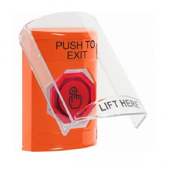 SS2527PX-EN STI Orange Indoor Flush/Surface Weather Resistant Momentary Stopper Station w/ PUSH TO EXIT Label