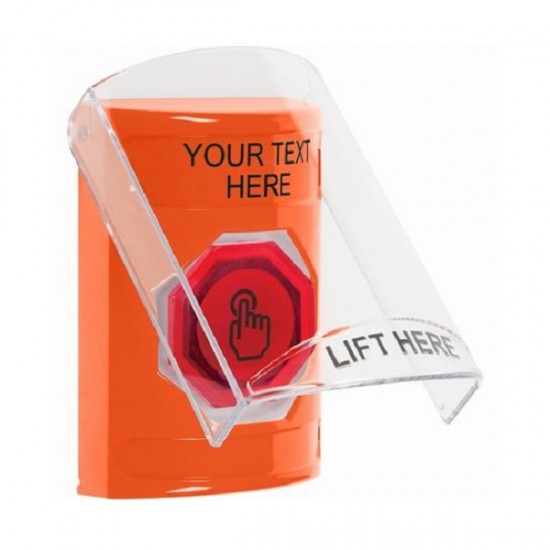 SS2527ZA-EN STI Orange Indoor Flush/Surface Weather Resistant Momentary Stopper Station w/ Custom Text