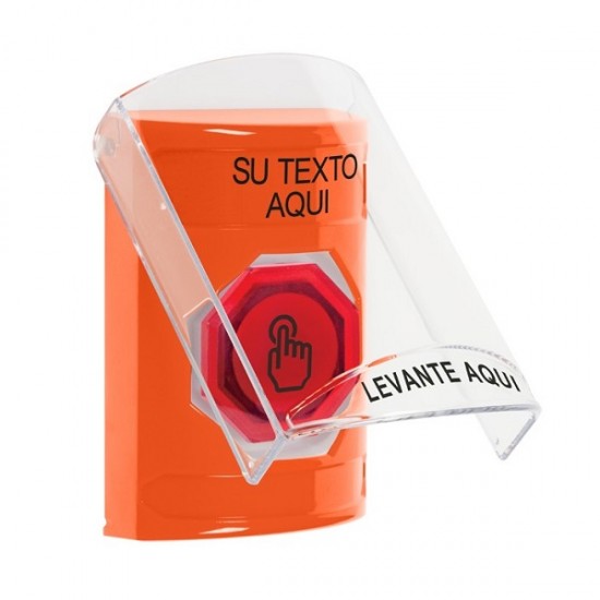SS2527ZA-ES STI Orange Indoor Flush/Surface Weather Resistant Momentary Stopper Station w/ Custom Text Spanish