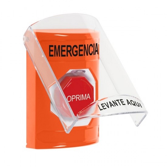 SS2528EM-ES STI Orange Indoor Only Flush or Surface Pneumatic (Illuminated) Stopper Station with EMERGENCY Label Spanish