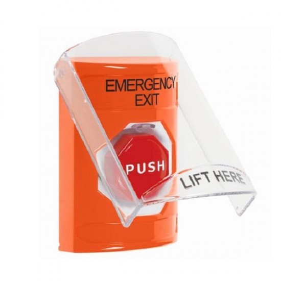 SS2528EX-EN STI Orange Indoor Only Flush or Surface Pneumatic (Illuminated) Stopper Station with EMERGENCY EXIT Label English