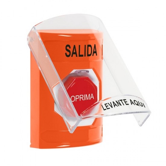 SS2528XT-ES STI Orange Indoor Only Flush or Surface Pneumatic (Illuminated) Stopper Station with EXIT Label Spanish