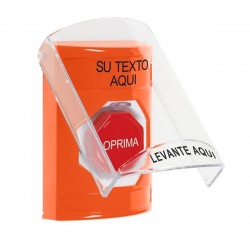 SS2528ZA-ES STI Orange Indoor Flush/Surface Pneumatic (Illuminated) Stopper Station w/ Custom Text Spanish