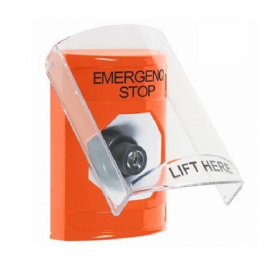 SS25A3ES-EN STI Orange Indoor Only Flush or Surface w/ Horn Key-to-Activate Stopper Station with EMERGENCY STOP Label English