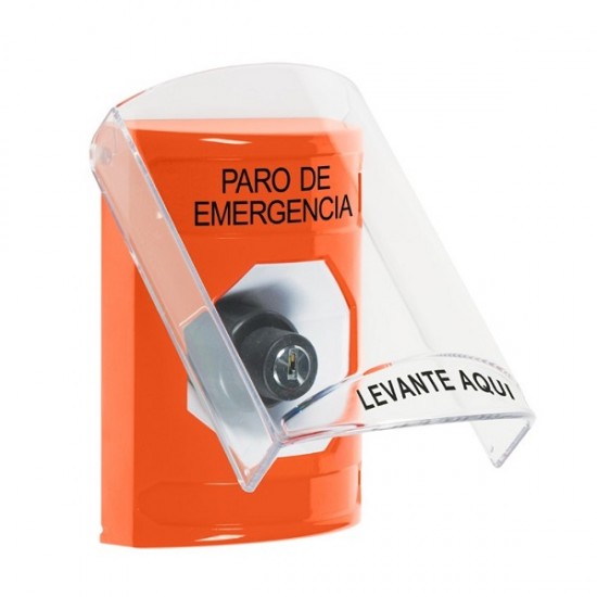 SS25A3ES-ES STI Orange Indoor Only Flush or Surface w/ Horn Key-to-Activate Stopper Station with EMERGENCY STOP Label Spanish
