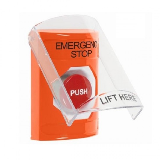 SS25A4ES-EN STI Orange Indoor Only Flush or Surface w/ Horn Momentary Stopper Station with EMERGENCY STOP Label English