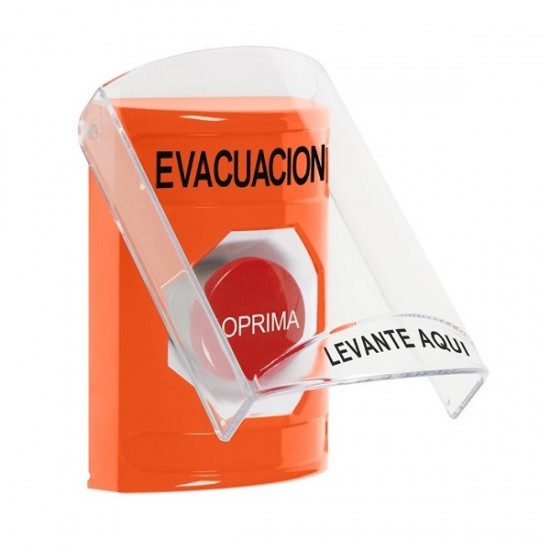 SS25A4EV-ES STI Orange Indoor Only Flush or Surface w/ Horn Momentary Stopper Station with EVACUATION Label Spanish