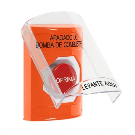 SS25A4PS-ES STI Orange Indoor Only Flush or Surface w/ Horn Momentary Stopper Station with FUEL PUMP SHUT DOWN Label Spanish