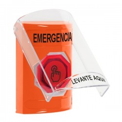 SS25A7EM-ES STI Orange Indoor Flush/Surface w/ Horn Weather Resistant Momentary Stopper Station w/ EMERGENCY Spanish
